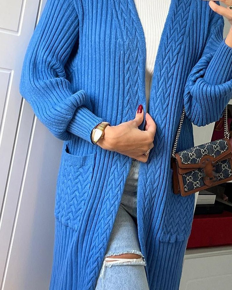 Solid Color Knitted Pocket Casual Cardigan