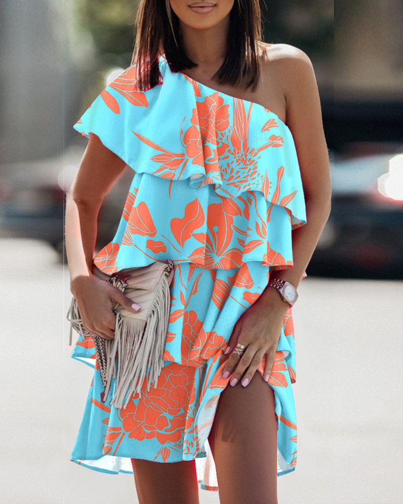 Autumn off-the-shoulder ruffled casual print dress