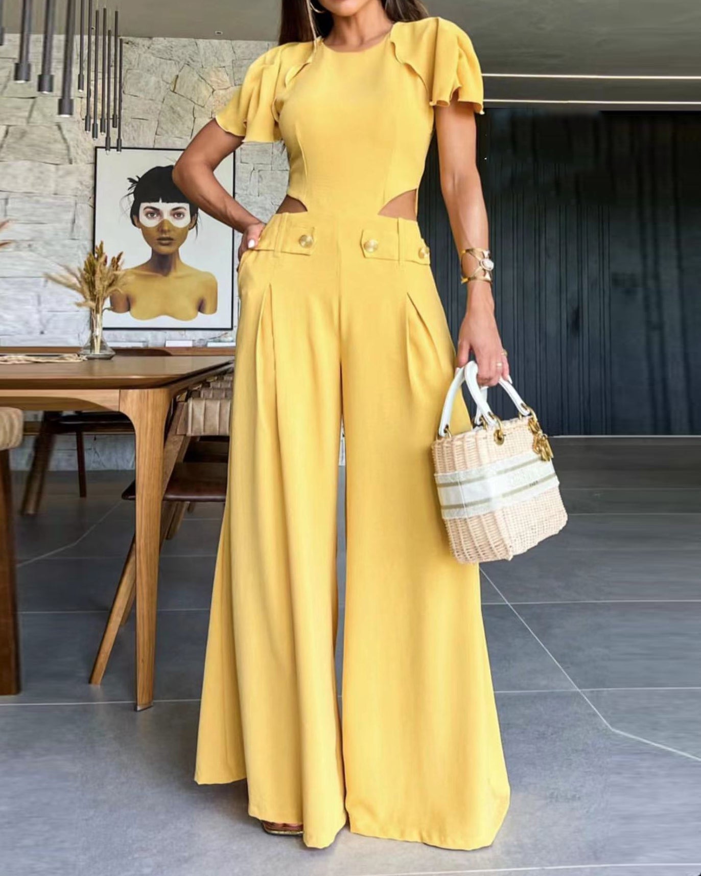 Puff Sleeve Solid Color Hollow Jumpsuit