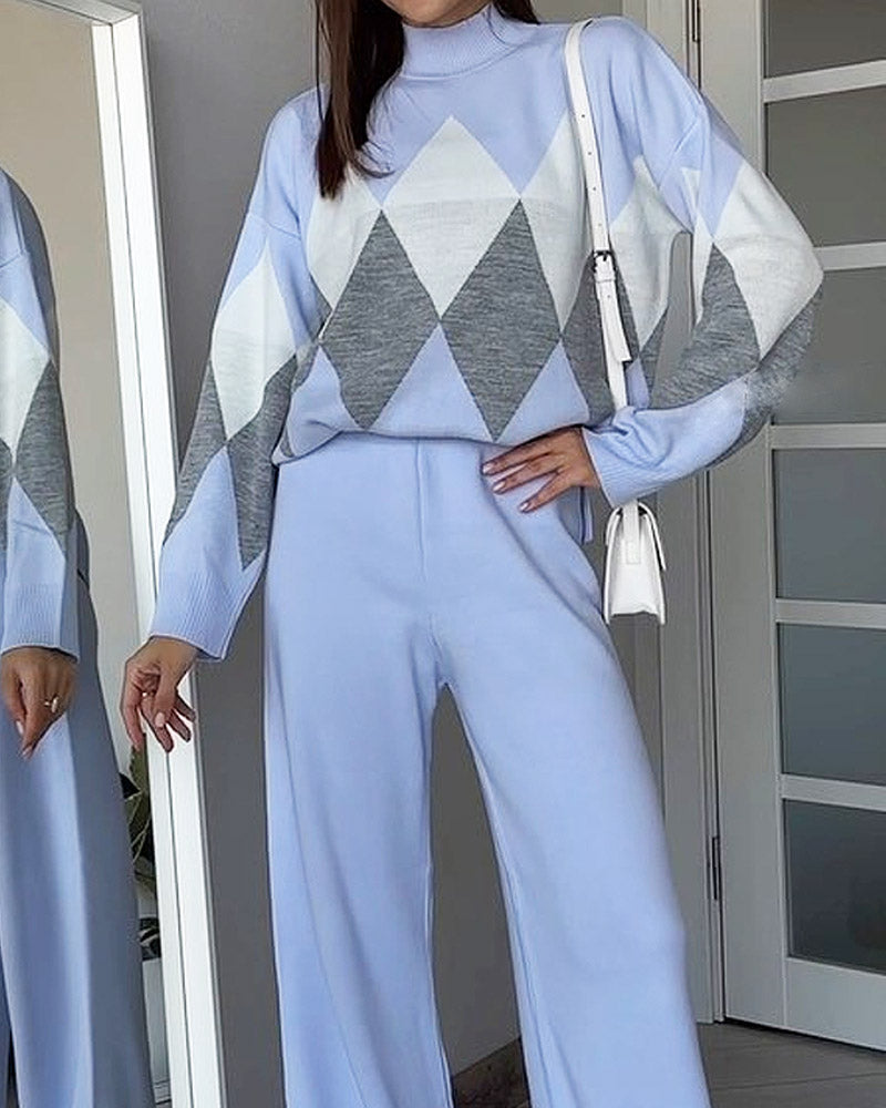 Diamond Color Block Knitted Sweater & Casual Pants Two-piece Set