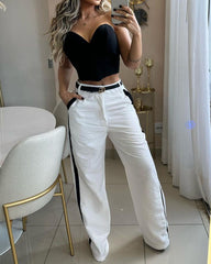 Bandeau Top and Color-blocked Pants Two-piece Set Without Belt