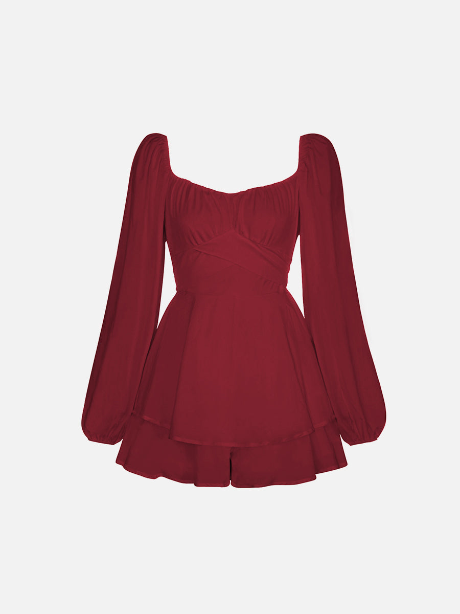 Square-cut Collar Puff sleeves Tighten Waist  Mini Dress