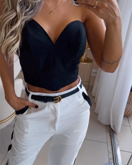 Bandeau Top and Color-blocked Pants Two-piece Set Without Belt