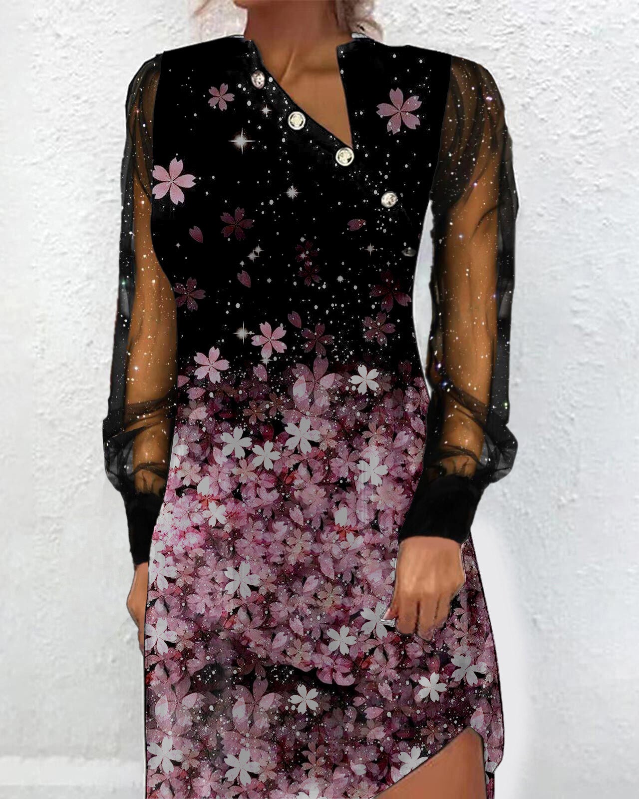 Button mesh stitching digital printing long-sleeved dress