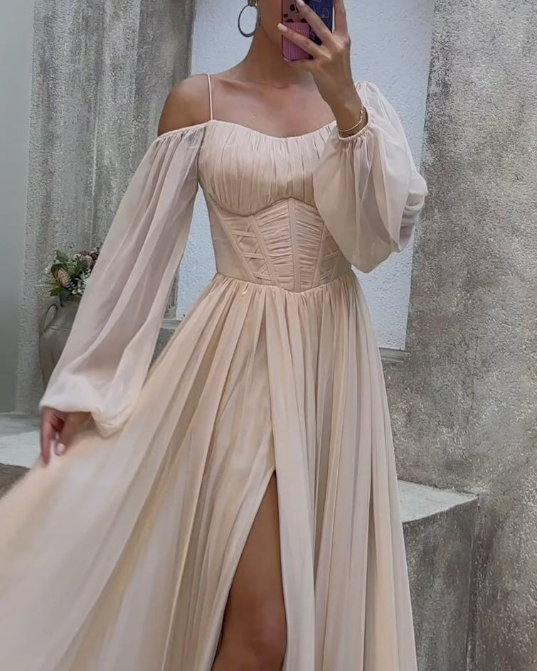 Bubble Long Sleeve Neck Slit Dress