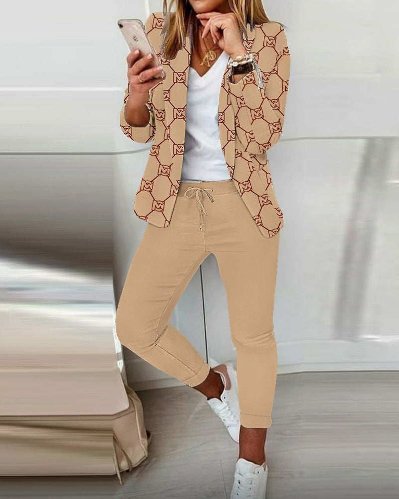 Fashion Print Long Sleeve Cardigan Suit
