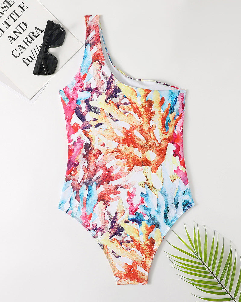 Coral-print One-shoulder Cutout Swimsuit