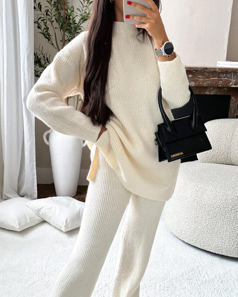 Solid Color Knitted Casual Fashion Two-piece Set