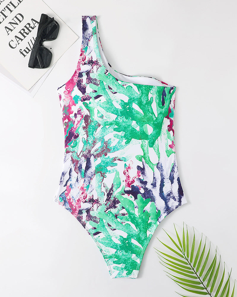 Coral-print One-shoulder Cutout Swimsuit