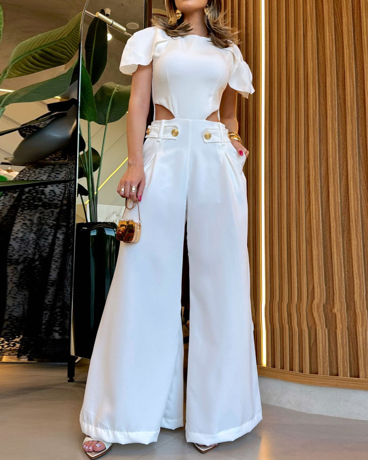 Puff Sleeve Solid Color Hollow Jumpsuit
