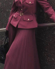 Solid Color Small Fragrant Style Blazer & Pleated Skirt Two-piece Set