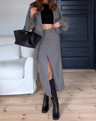 Long-sleeved Lapel Top and Skirt Two-piece Suit