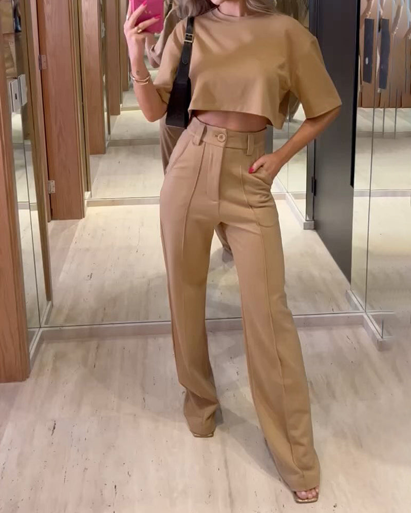 Round Neck Short Sleeve Top Trousers Solid Color Two-piece Suit