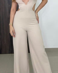 Casual V-neck Solid Color Sleeveless Jumpsuit