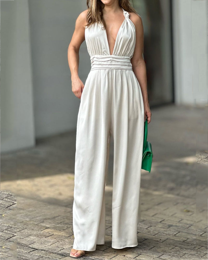 Casual Solid Color V-neck Pleated Jumpsuit