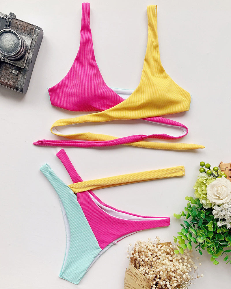 Color-block Lace-up Swimsuit Bikini