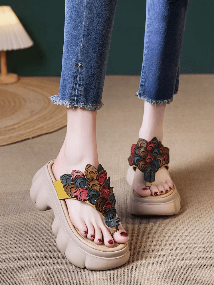 Babakud Women Summer Ethnic Handmade Peacock Leather Flip-Flops