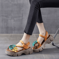 Babakud Women Summer Vintage Floral Leather Mid-Heel Sandals