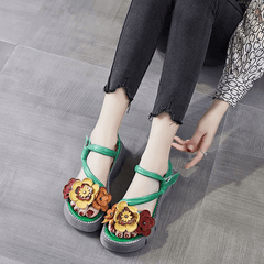 Babakud Women Summer Vintage Floral Leather Mid-Heel Sandals