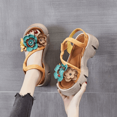 Babakud Women Summer Vintage Floral Leather Mid-Heel Sandals