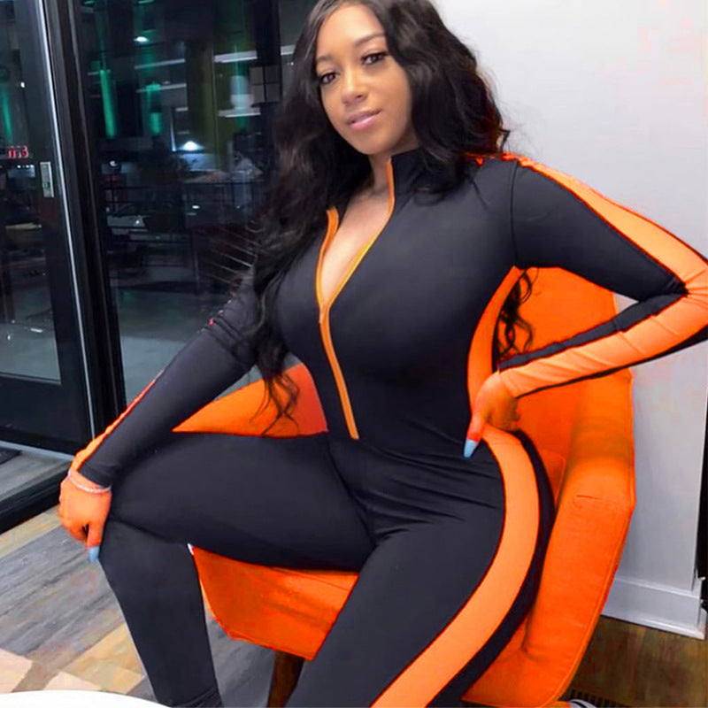 Lapel Long Sleeve Color Block Jumpsuit