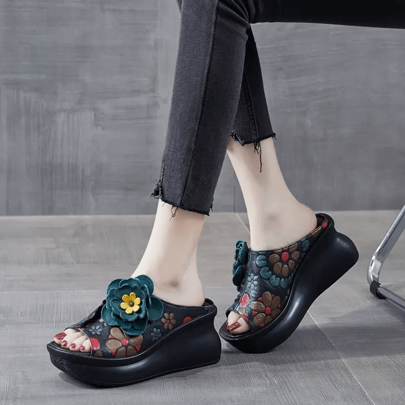 Babakud Women Summer Premium Floral Leather Platform Wedge Heels