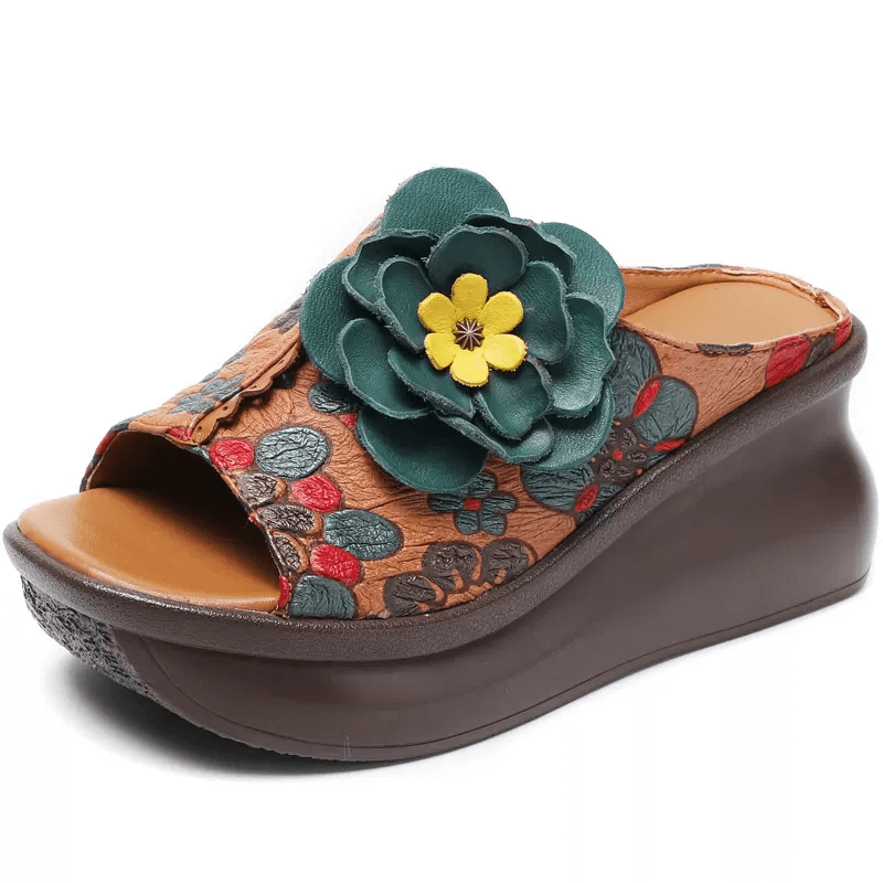 Babakud Women Summer Premium Floral Leather Platform Wedge Heels