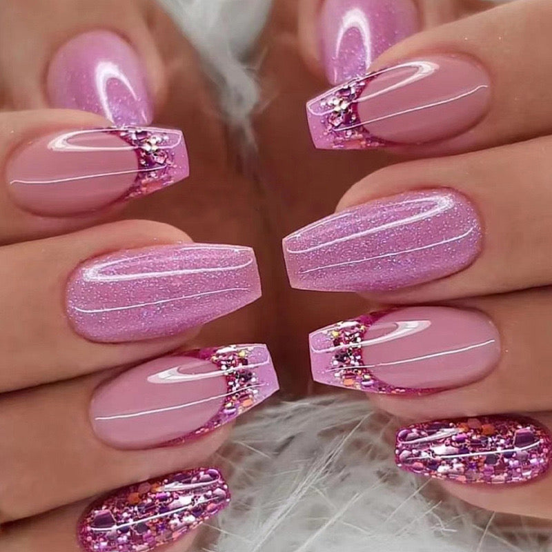 24Pcs Pink Coffin Nails Press on Nails Long Coffin Fake Nails with 3D Heart Pearl Star Nail