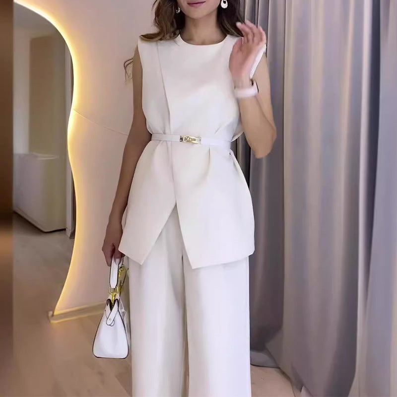 Lapel sleeveless solid color two piece set