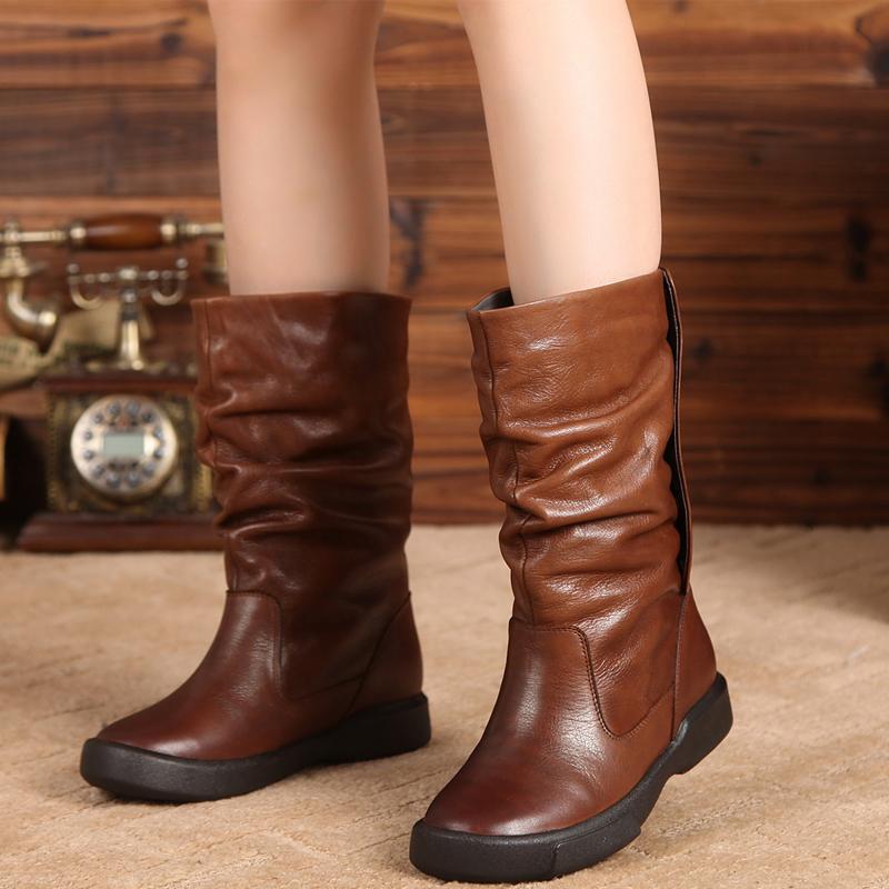 Autumn Winter Retro Wrinkled Women's Boots Cowhide