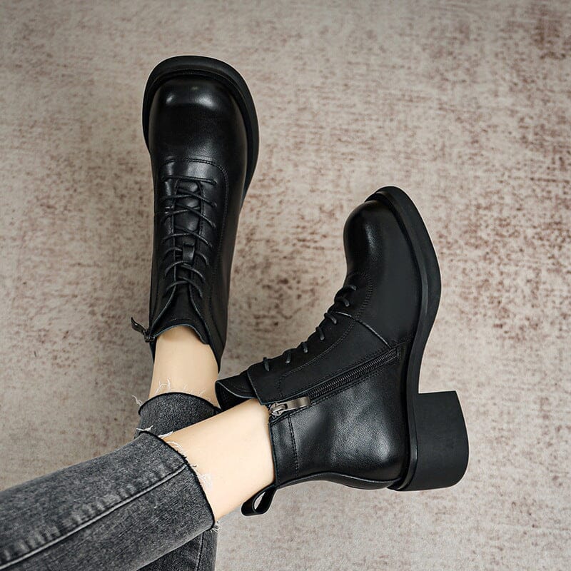 Autumn Minimalist Retro Leather Chunky Heel Boots