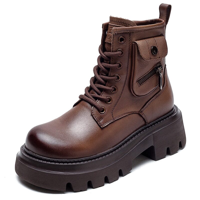 Autumn Retro Chunky Platform Cowhide Leather Boots