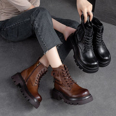 Autumn Retro Chunky Platform Cowhide Leather Boots