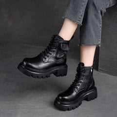 Autumn Retro Chunky Platform Cowhide Leather Boots