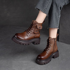 Autumn Retro Chunky Platform Cowhide Leather Boots