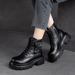 Autumn Retro Chunky Platform Cowhide Leather Boots