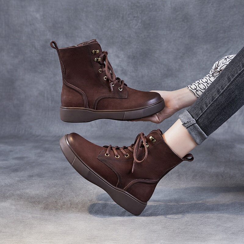 Autumn Retro Classic Leather Flat Combat Boots