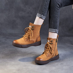 Autumn Retro Classic Leather Flat Combat Boots