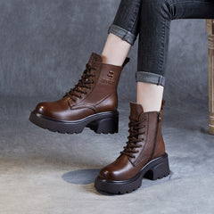 Autumn Retro Leather Casual Chunky Heel Boots