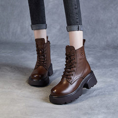 Autumn Retro Leather Casual Chunky Heel Boots