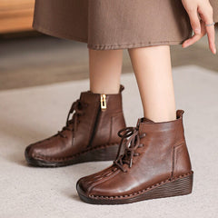 Autumn Retro Leather Casual Low Wedge Boots