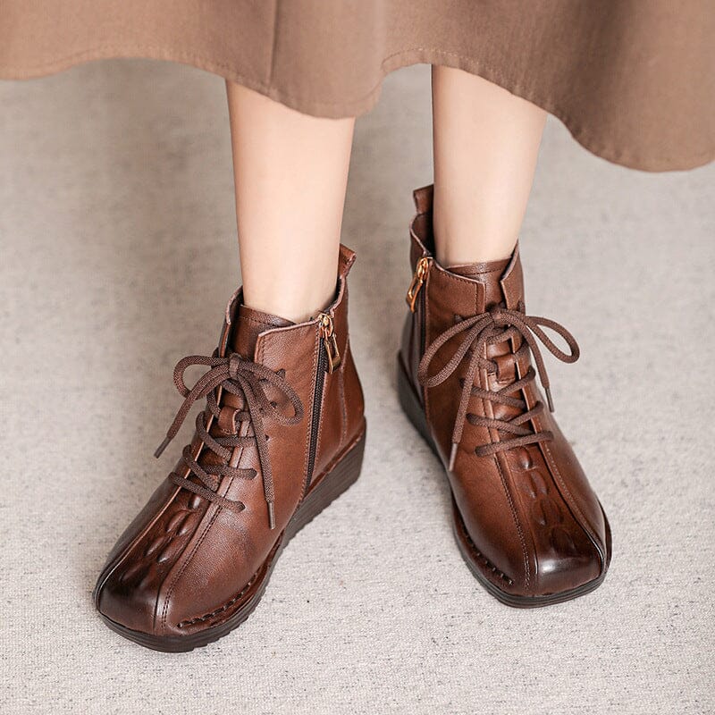 Autumn Retro Leather Casual Low Wedge Boots