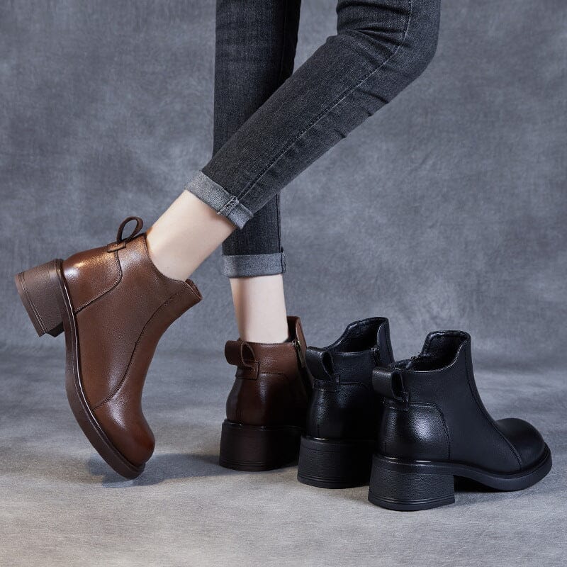 Autumn Retro Leather Chunky Heel Ankle Boots