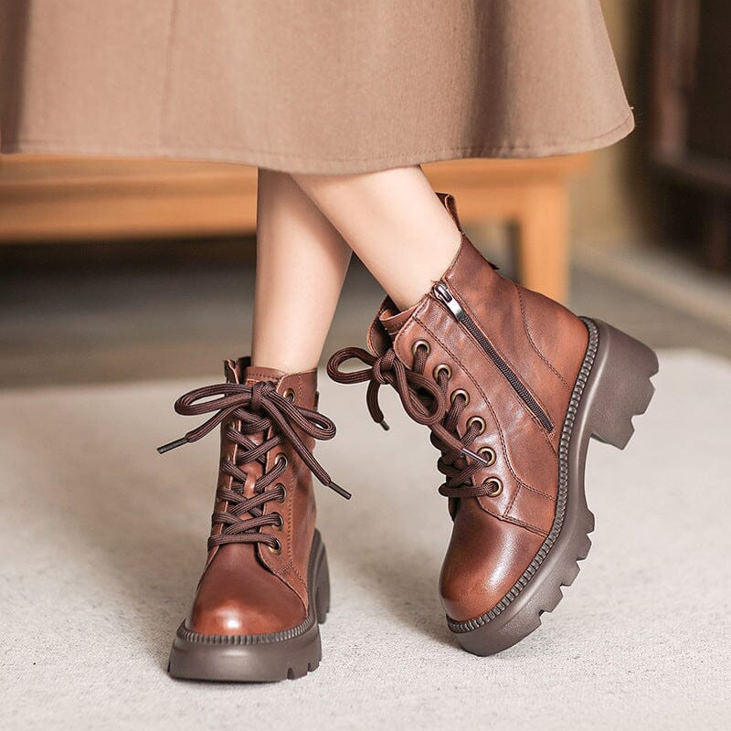 Autumn Retro Leather Chunky Heel Boots