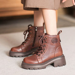 Autumn Retro Leather Chunky Heel Boots