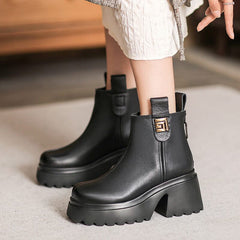 Autumn Retro Leather Chunky Platform Ankle Boots