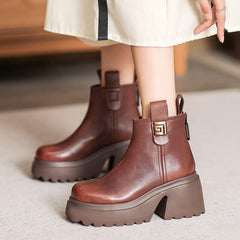 Autumn Retro Leather Chunky Platform Ankle Boots