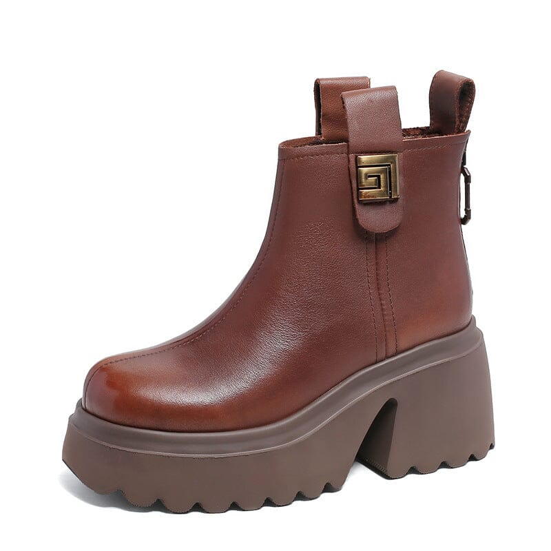 Autumn Retro Leather Chunky Platform Ankle Boots