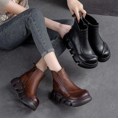 Autumn Retro Leather Chunky Platform Boots