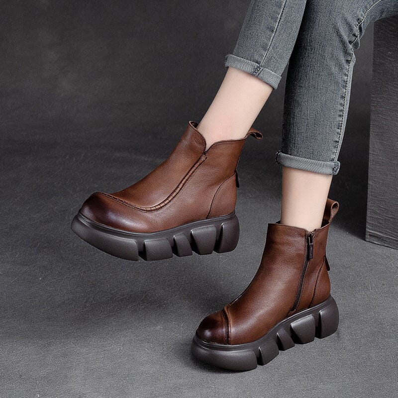 Autumn Retro Leather Chunky Platform Boots